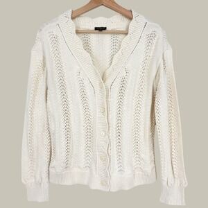 Talbots Ivory Pointelle Scalloped Knit V-Neck Cardigan Sweater MP Coastal